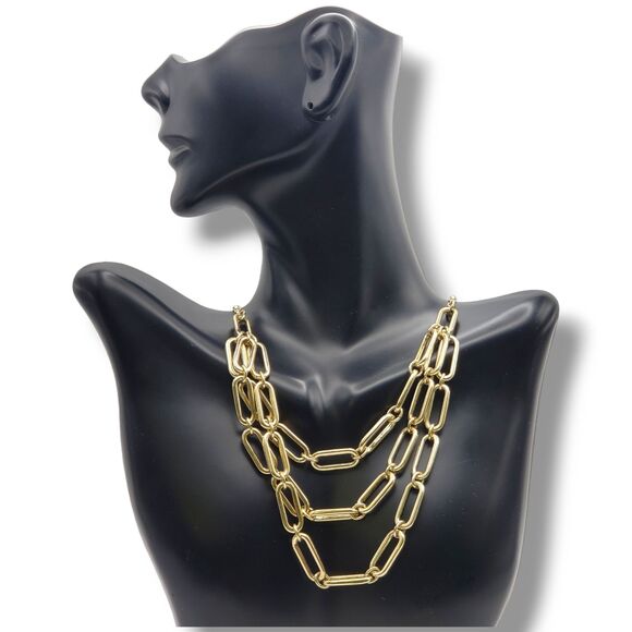 Multi Strand Layered Gold Tone Oval Link Three Chain Necklace Adjustable Length - Picture 1 of 10